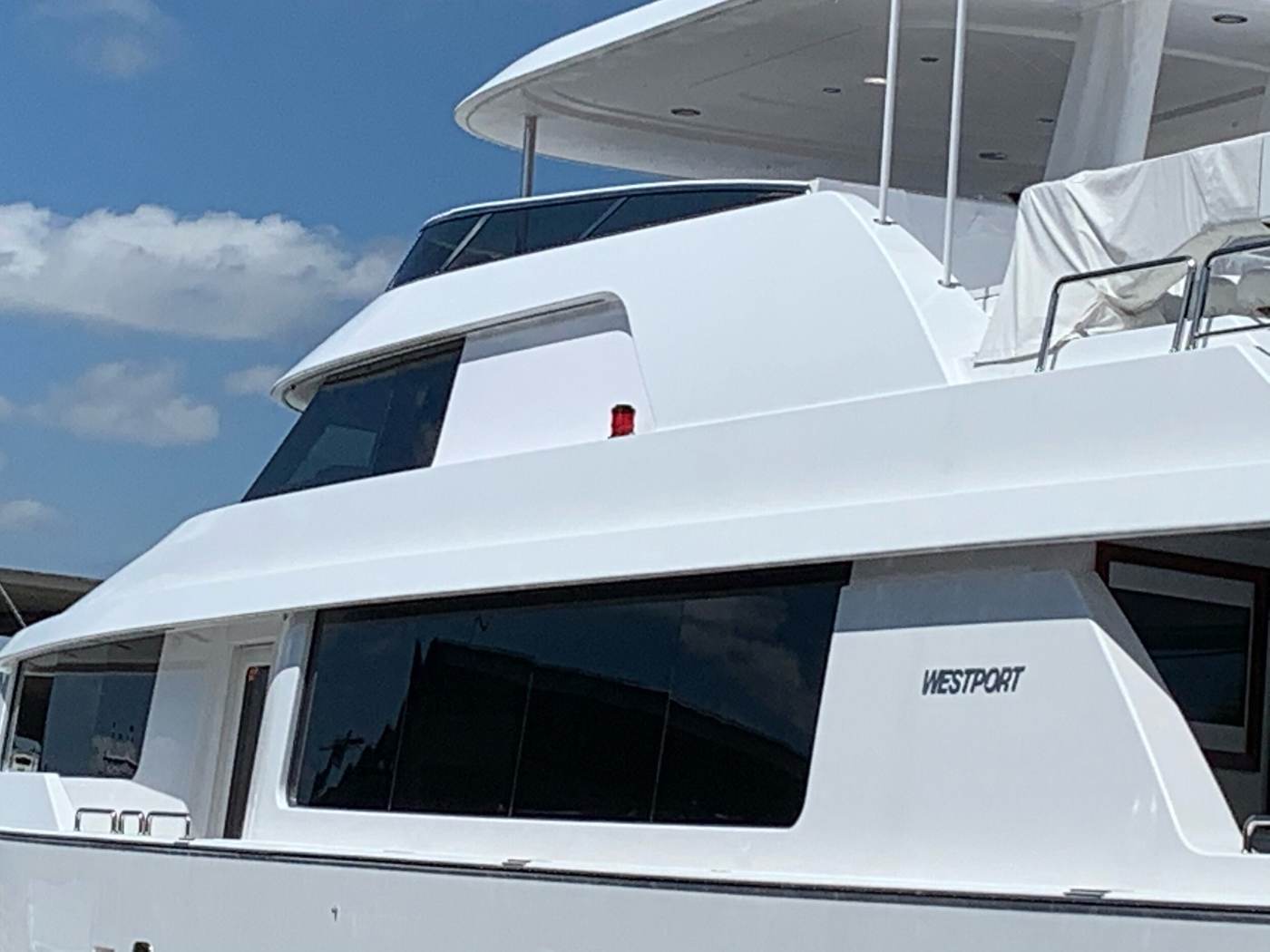 Power catamaran forward cabin glass and hardtop