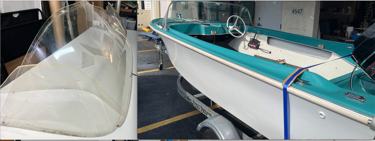 Curved wraparound windshield on a center console.