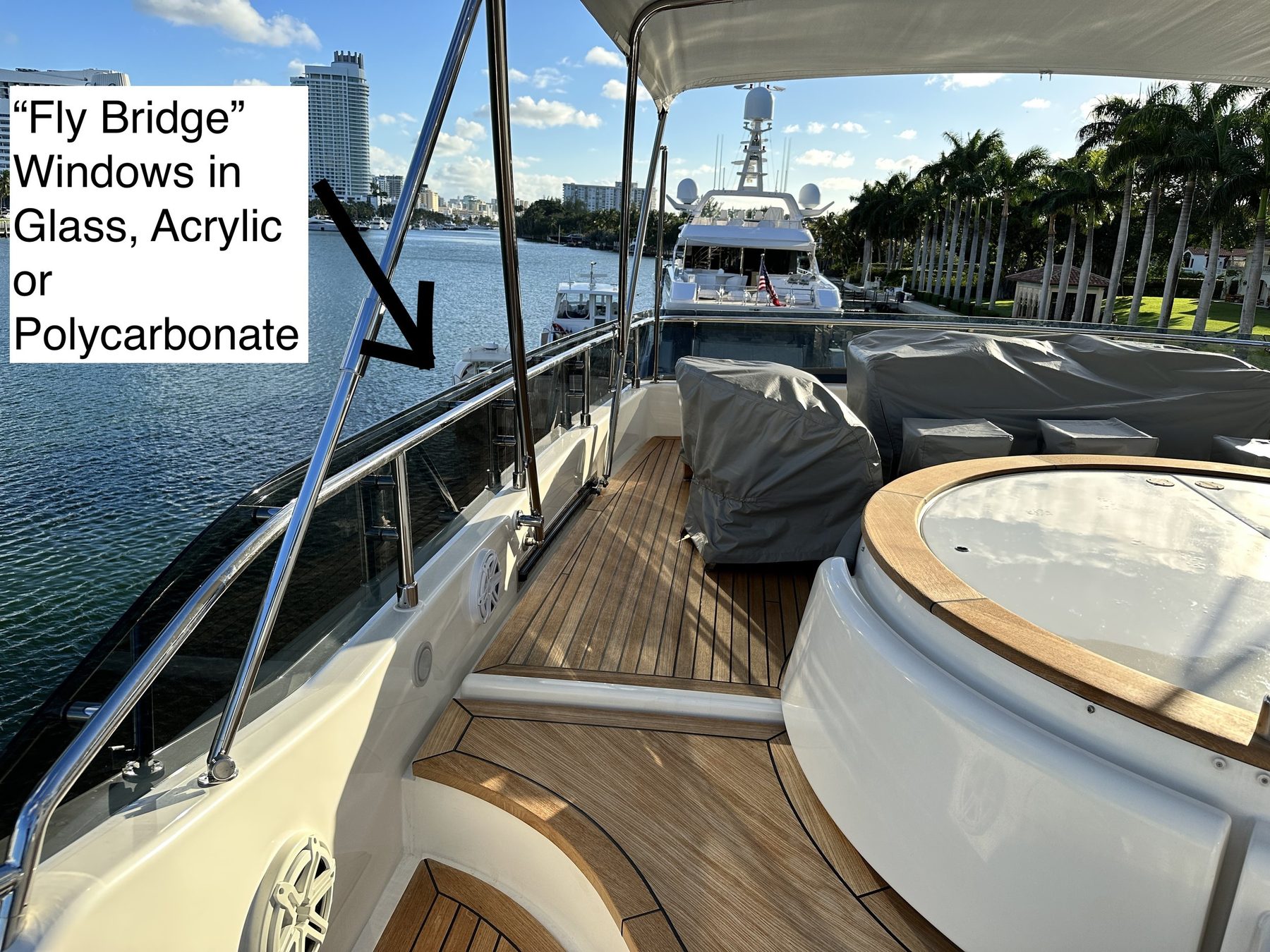 Flybridge windows. Glass, acrylic or polycarbonate, depending on the boat.