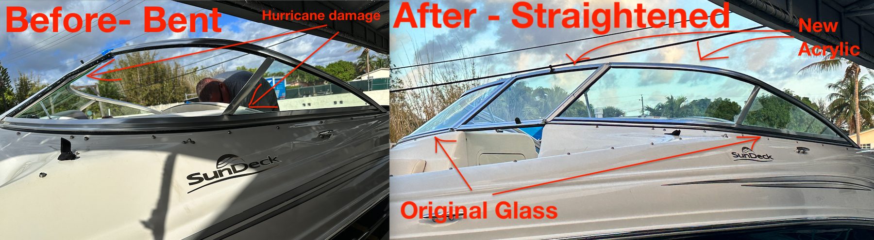 A hurricane bent the frame out of shape. Straightened rather than scrapped, with new acrylic in it.