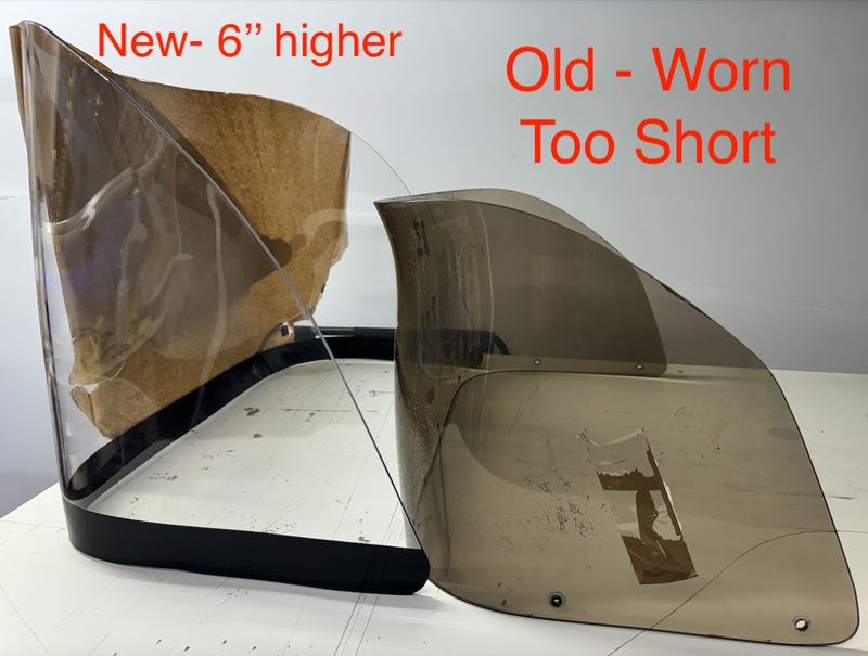 The old windshield was worn out and too short to be much use. The new one sits six inches higher.